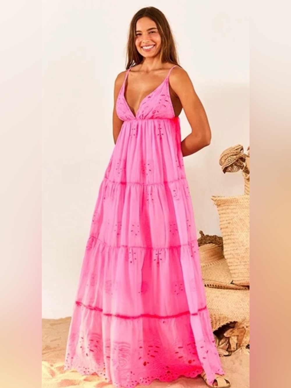 FARM Rio Neon Pink Eyelet Tiered Maxi Dress